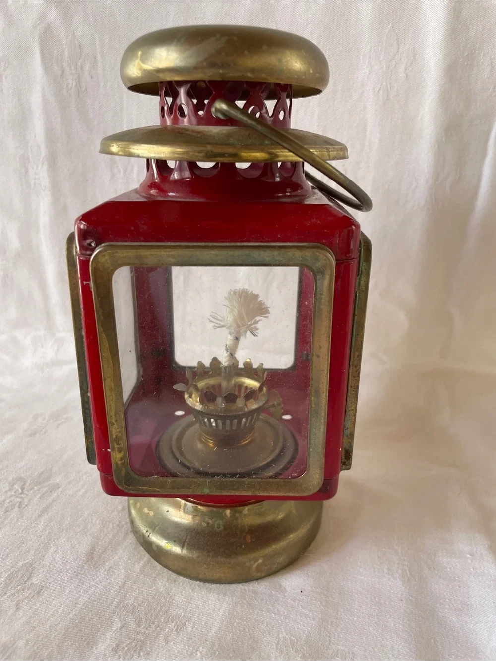 Vintage Red & Brass Decorative Railroad Lantern 1960s Classic Kerosene Oil Lamp